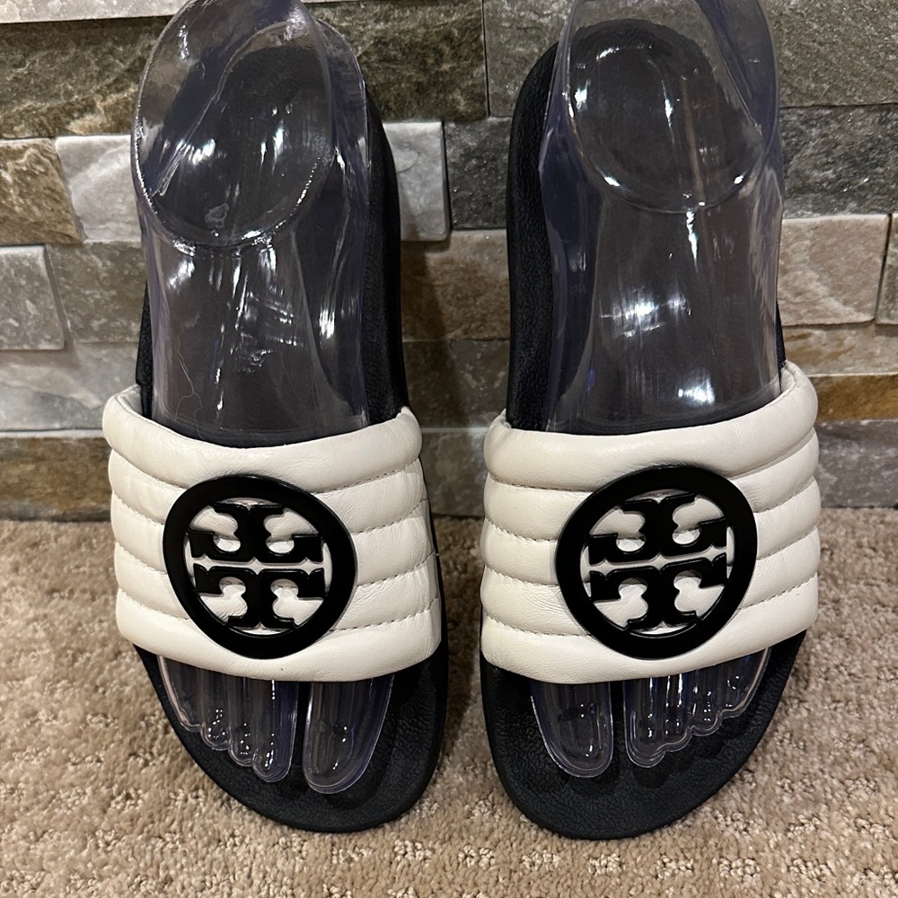 Tory Burch Black and Cream Slide Sandals
